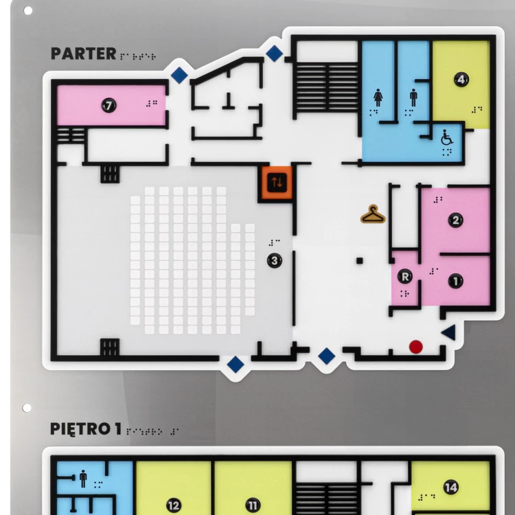 Plan tyflograficzny z pismem Braille'a - tworzywo ADA, 3D doming, laminat i akryl - wym. 750x785 mm - TAB695