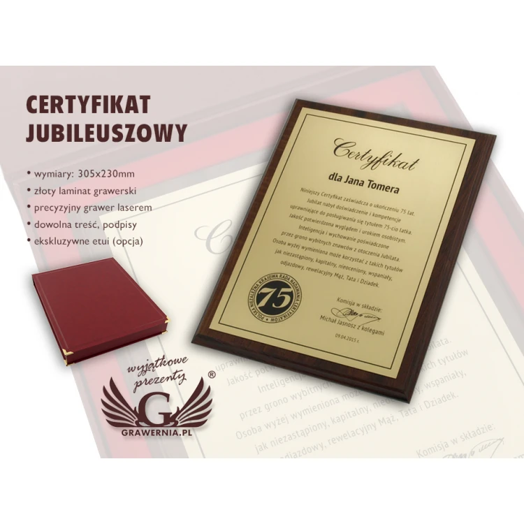 Certyfikat Jubileuszowy - dyplom na podkładzie drewnianym - DCE006