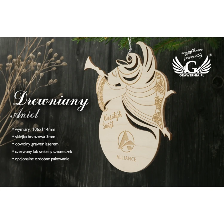 Drewniana bombka anioł - wym. 106x114mm - dowolny grawer - BDR023