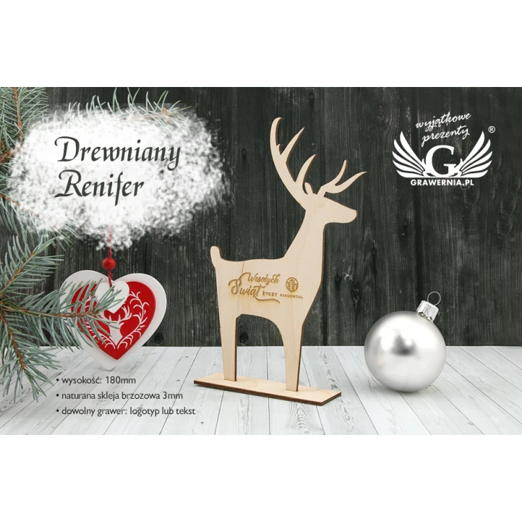Drewniany renifer z dowolnym grawerem - wys. 18cm - DEK008