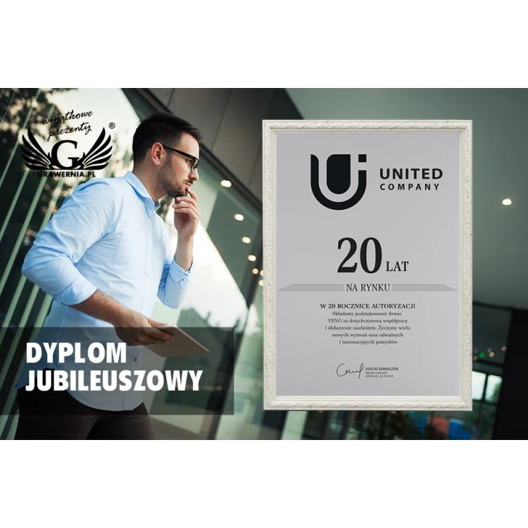 Dyplom jubileuszowy w ramie - srebrny laminat grawerski - DWR7