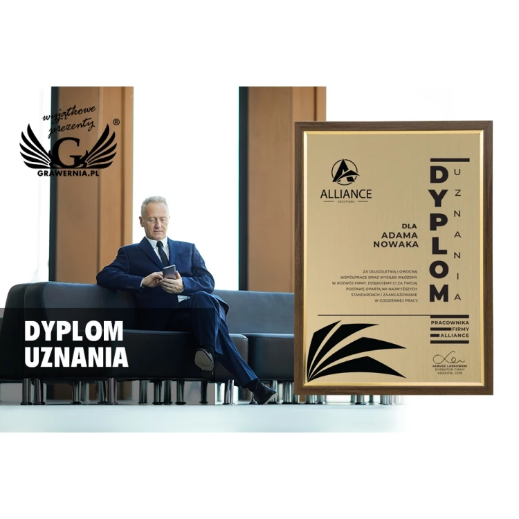 Dyplom uznania w ramie - złoty laminat grawerski - DWR6