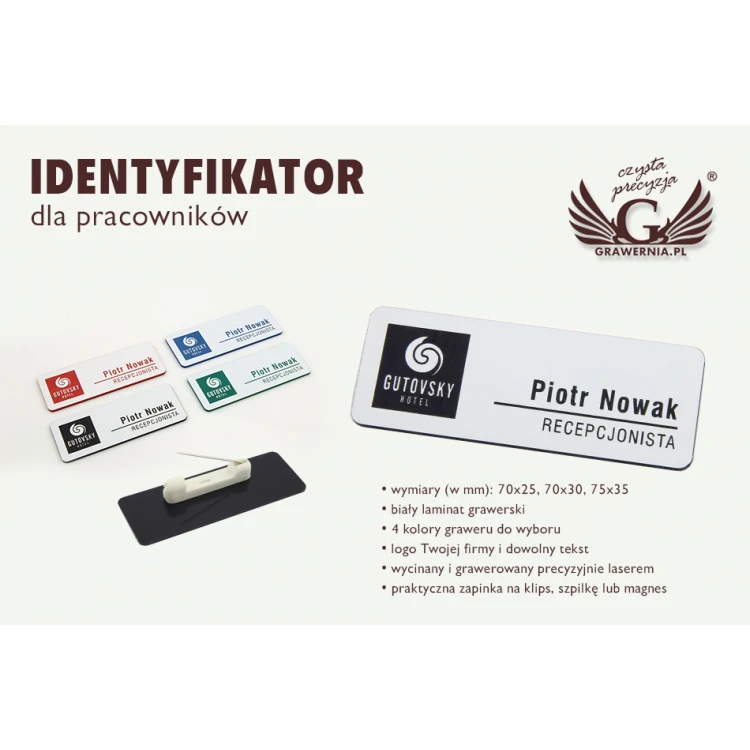 Identyfikator - medium biały z grawerem - ID049