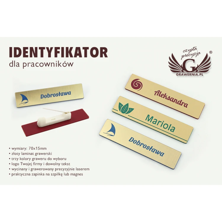 Identyfikator - slim kolor złoty z grawerem - 70x15mm - ID050