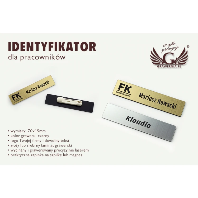 Identyfikator - slim kolor złoty lub srebrny - 70x15mm - ID054