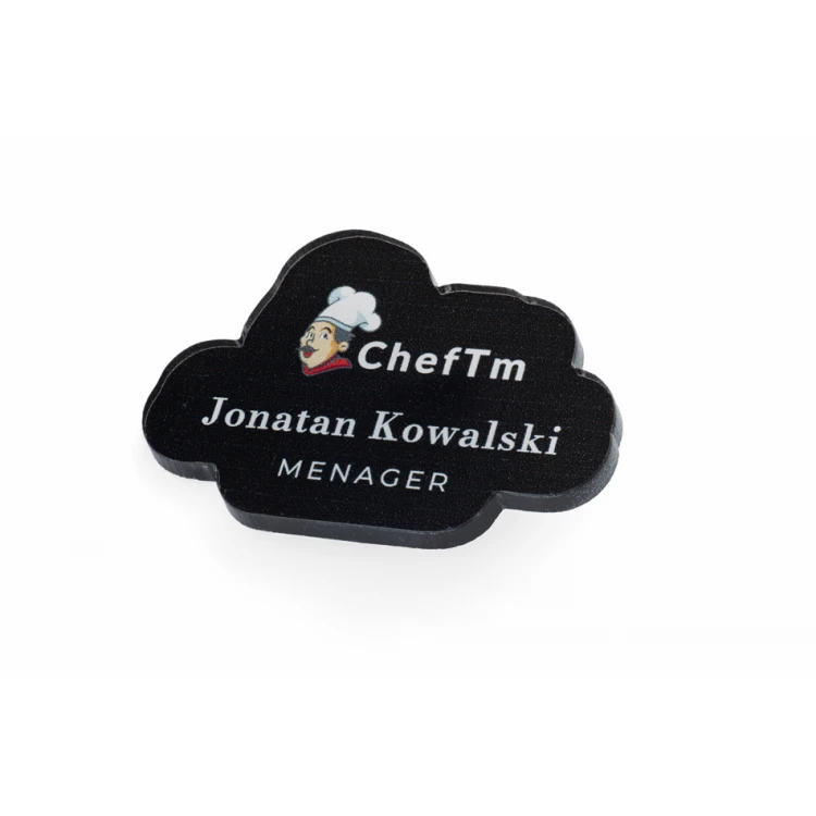 Identyfikator w kształcie Twojego logotypu - plexi z nadrukiem UV - ID113