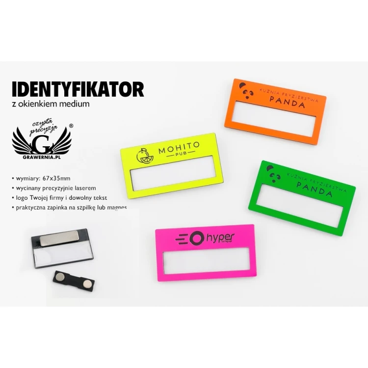 Identyfikator z okienkiem - neon - M - wym. 67x35mm - ID076