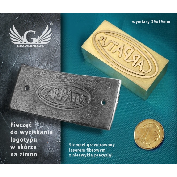 Matryca / Pieczęć do wyciskania logotypu w skórze na zimno - wymiary: 39x19mm