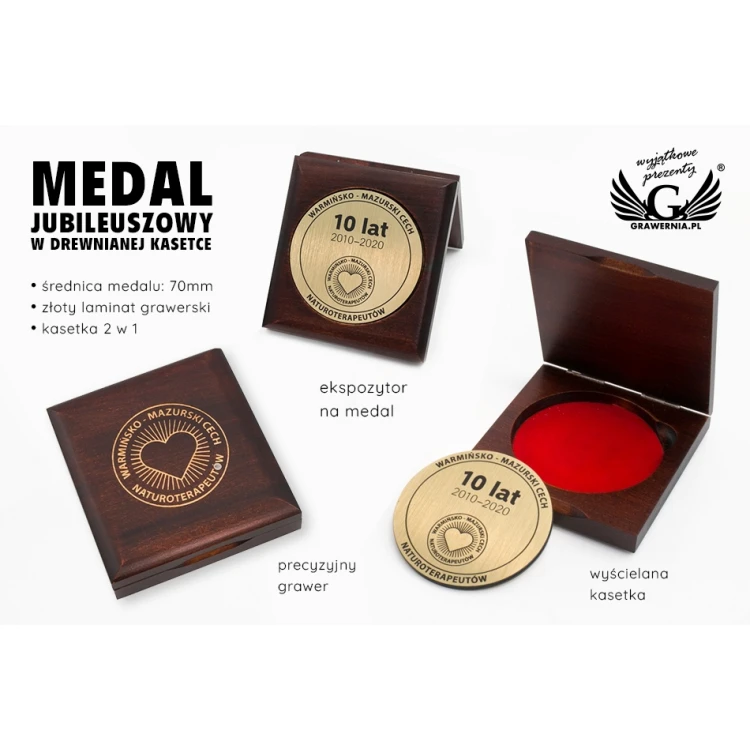 Medal o średnicy 70mm w etui drewnianym 10x9,5cm z dwoma gniazdami (komplet)