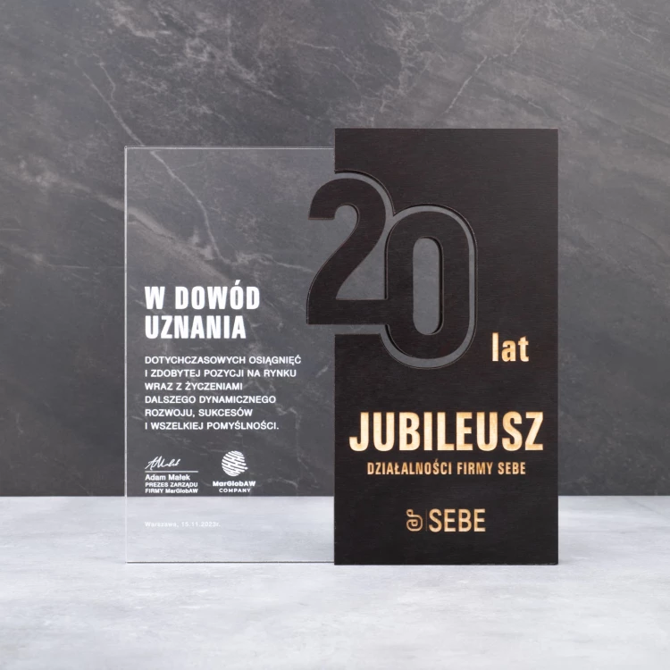 Statuetka akrylowa z drewnianymi elementami - jubileuszowa nagroda dla firmy - wys. 22cm - DTA105