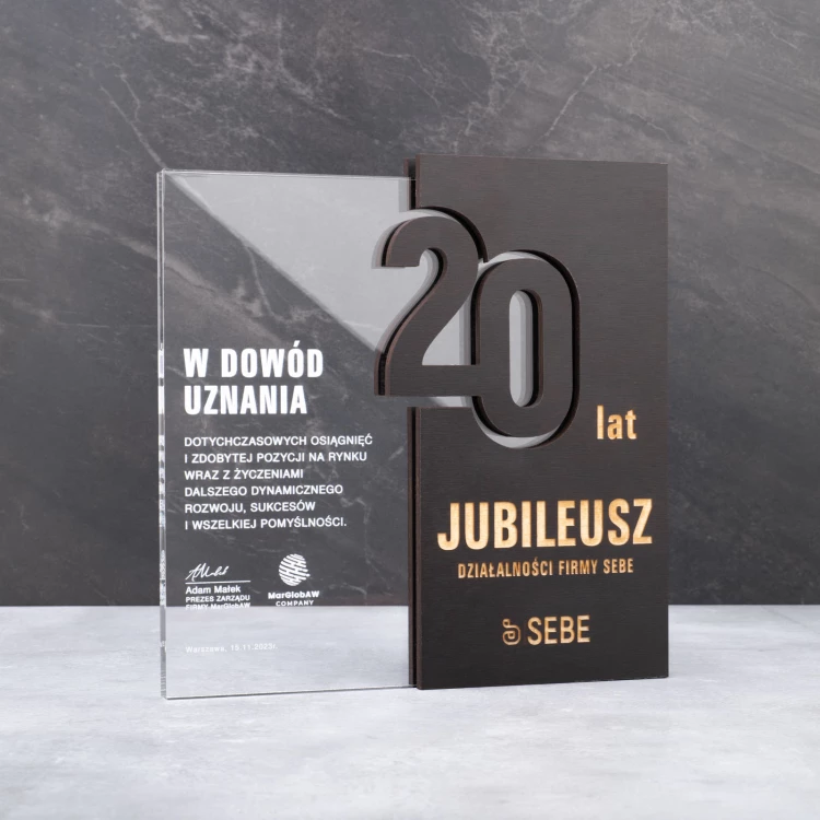 Statuetka akrylowa z drewnianymi elementami - jubileuszowa nagroda dla firmy - wys. 22cm - DTA105