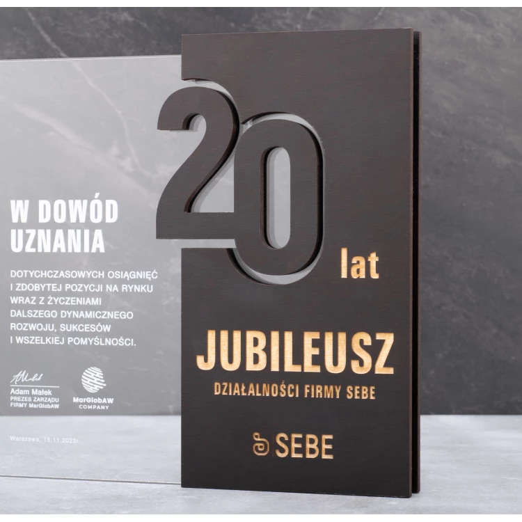 Statuetka akrylowa z drewnianymi elementami - jubileuszowa nagroda dla firmy - wys. 22cm - DTA105
