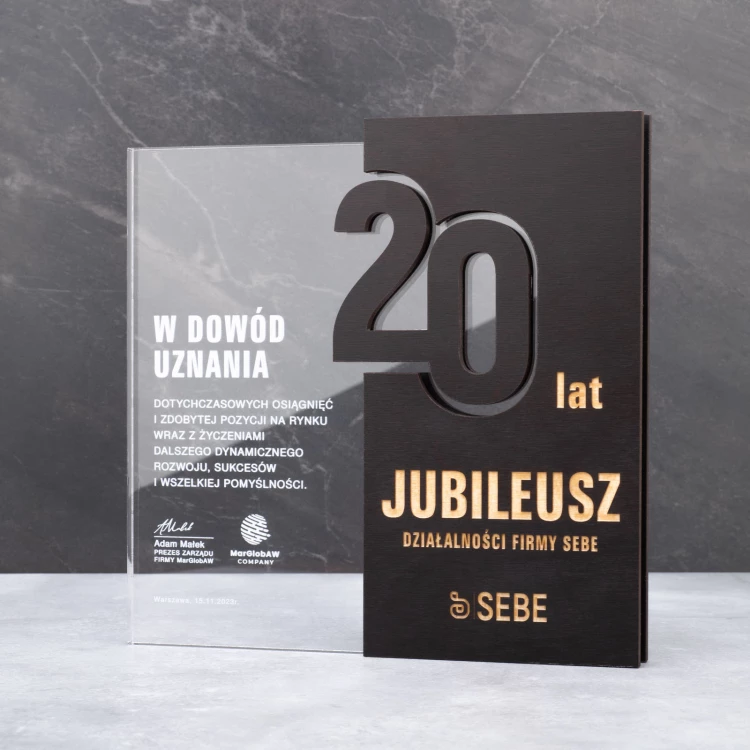 Statuetka akrylowa z drewnianymi elementami - jubileuszowa nagroda dla firmy - wys. 22cm - DTA105