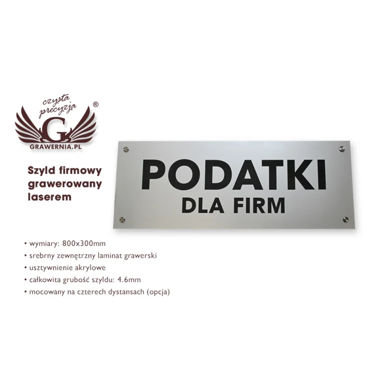 Szyld firmowy - srebrny zewnętrzny laminat grawerski - SZ111 - wym. 800x300mm