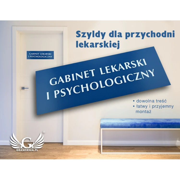Szyldy dla przychodni lekarskiej z nazwami pomieszczeń, logotypem, numeracją - wymiary: 42x15cm