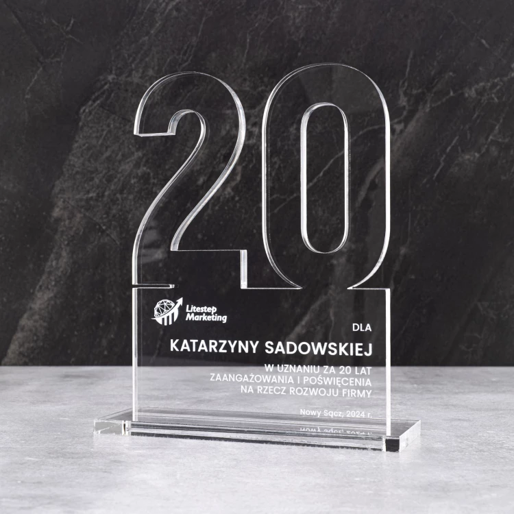 Statuetka jubileuszowa 20-lecie firmy - akryl gr. 10mm - wys. 20 cm - DTA125