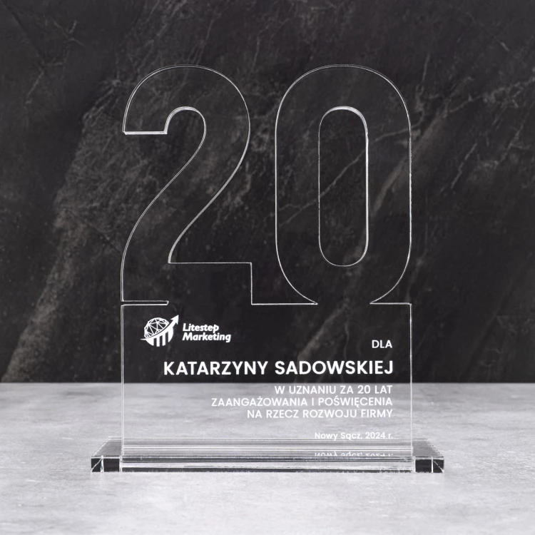Statuetka jubileuszowa 20-lecie firmy - akryl gr. 10mm - wys. 20 cm - DTA125