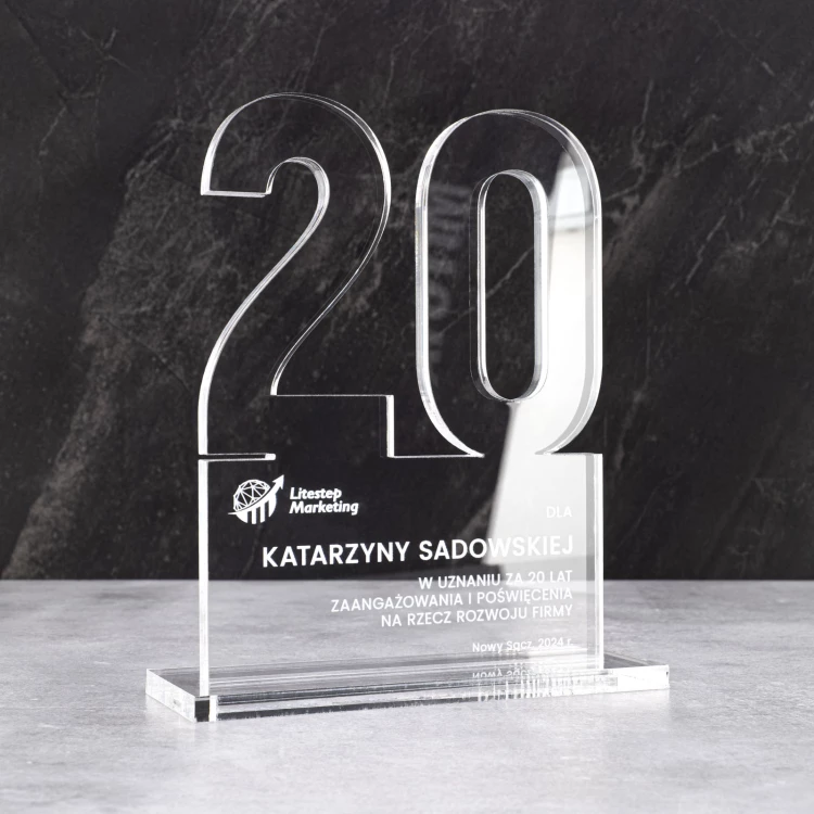 Statuetka jubileuszowa 20-lecie firmy - akryl gr. 10mm - wys. 20 cm - DTA125