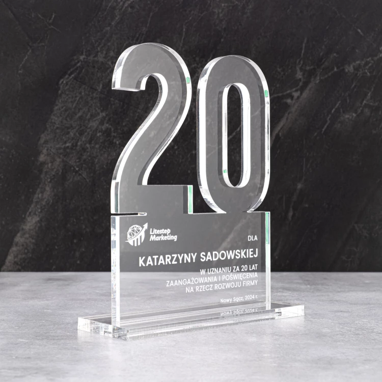 Statuetka jubileuszowa 20-lecie firmy - akryl gr. 10mm - wys. 20 cm - DTA125