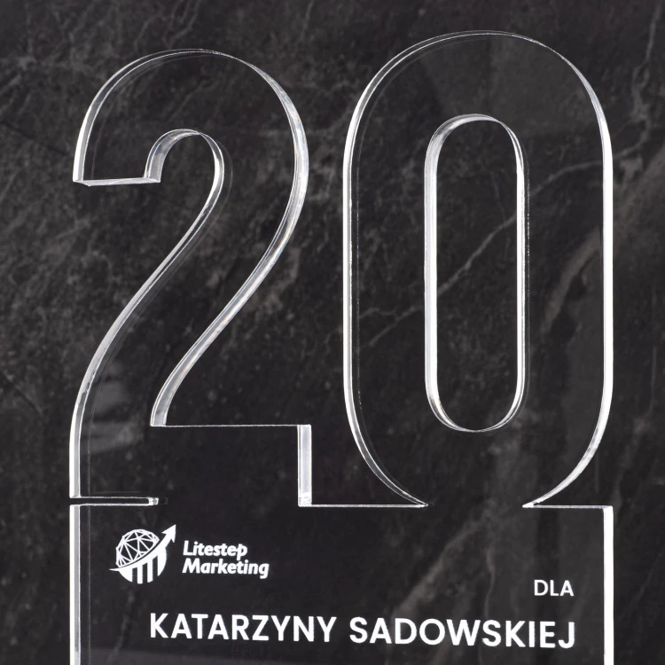 Statuetka jubileuszowa 20-lecie firmy - akryl gr. 10mm - wys. 20 cm - DTA125